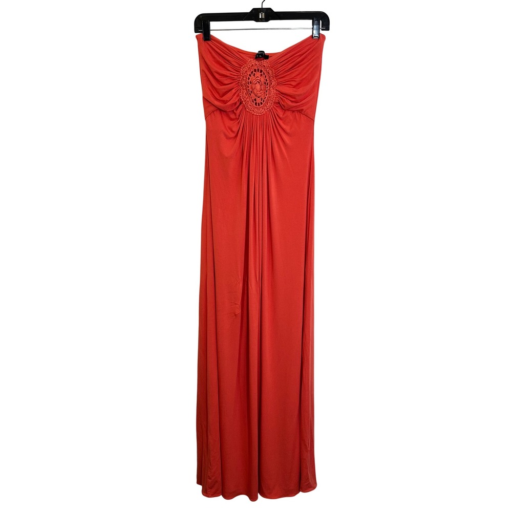 Sky Brand Strapless Maxi Dress Size L Coral Orange Crochet Medallion Y2K‎ Boho